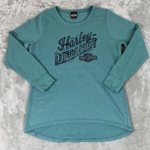 Harley-Davidson Shirt Womens Medium Green Long Sleeve High Low Tunic Top Graphic